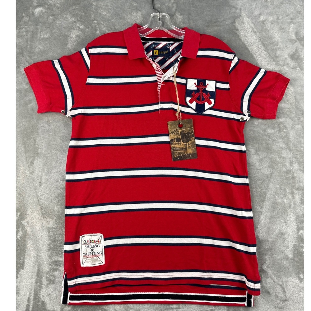 Carpe Mens Pier XIII Sailing Yachting Striped Polo Shirt Red White Blue Medium